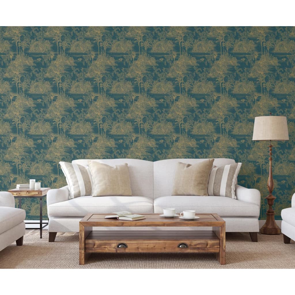 DUTCH WALLCOVERINGS Carta da Parati "Tropical" Blu Scuro e Oro