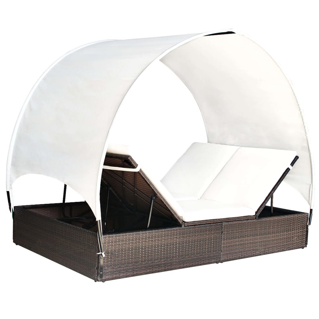 Lettino Prendisole Doppio con Baldacchino in Polyrattan Marrone
