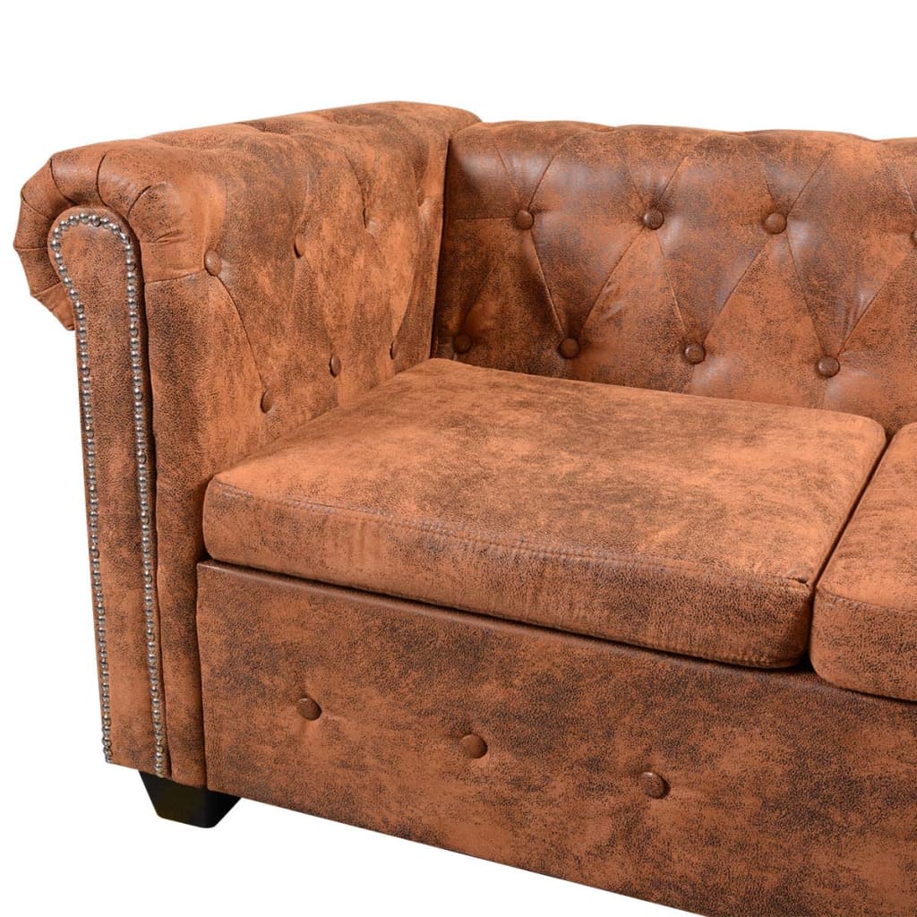 Divano Angolare Chesterfield a 5Posti Pelle Artificiale Marrone