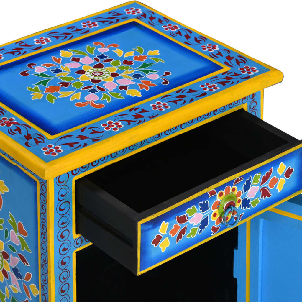 Comodino in Legno Massello di Mango Turchese Dipinto a Mano