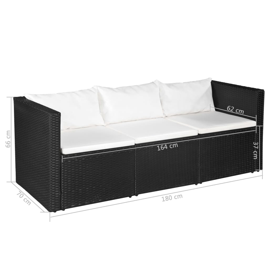 Divano da Giardino a 3 Posti Nero in Polyrattan Cuscini Bianchi