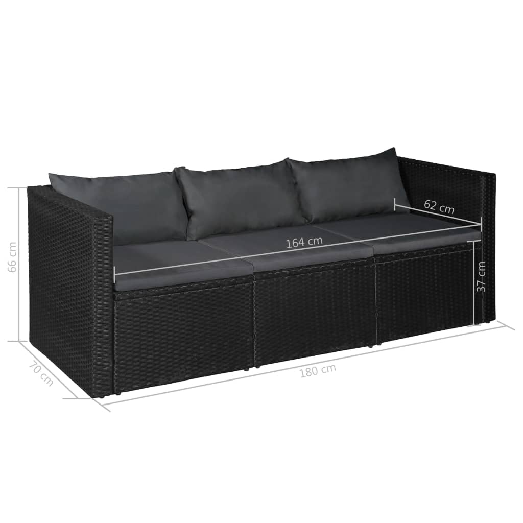 Divano da Giardino a 3 Posti Nero in Polyrattan Cuscini Grigi