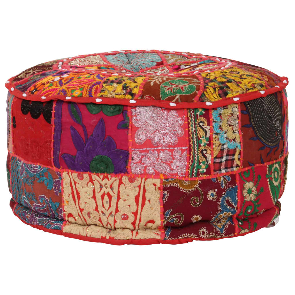 Pouf Patchwork Rotondo Fatto a Mano in Cotone 40x20 cm Rosso