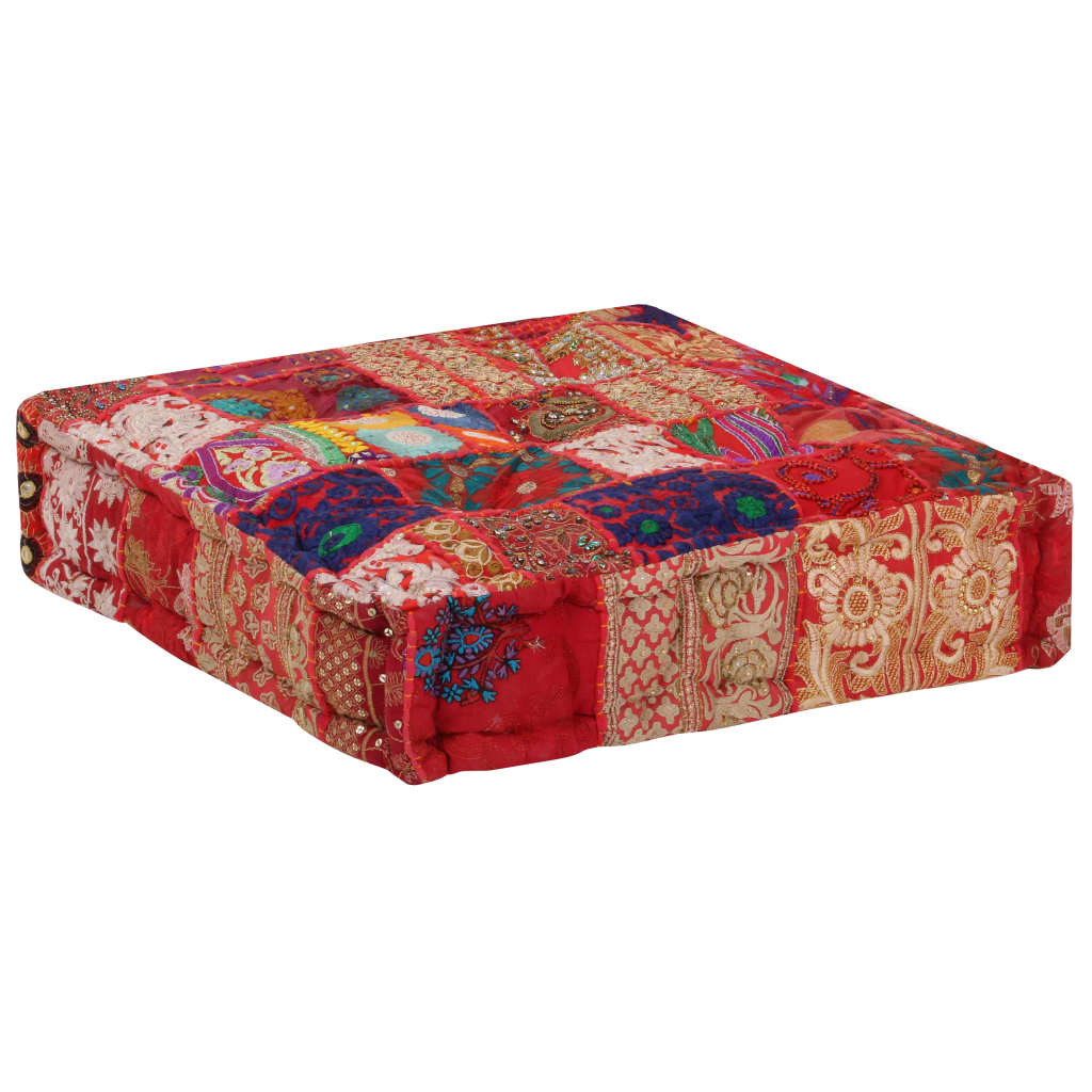 Pouf Patchwork in Cotone Fatto a Mano Quadrato 50x50x12cm Rosso