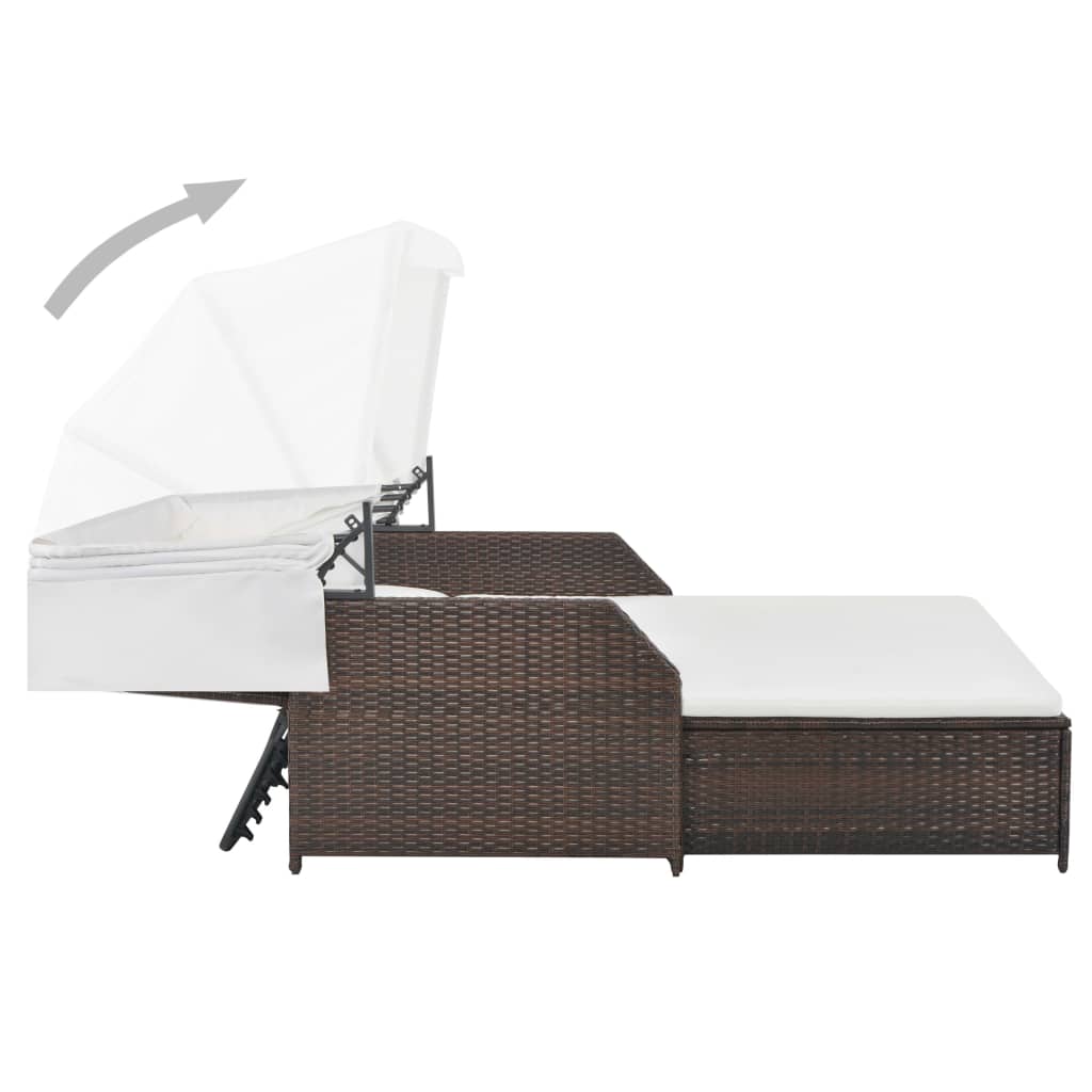 Lettino Prendisole 2 Posti con Tettuccio in Polyrattan Marrone