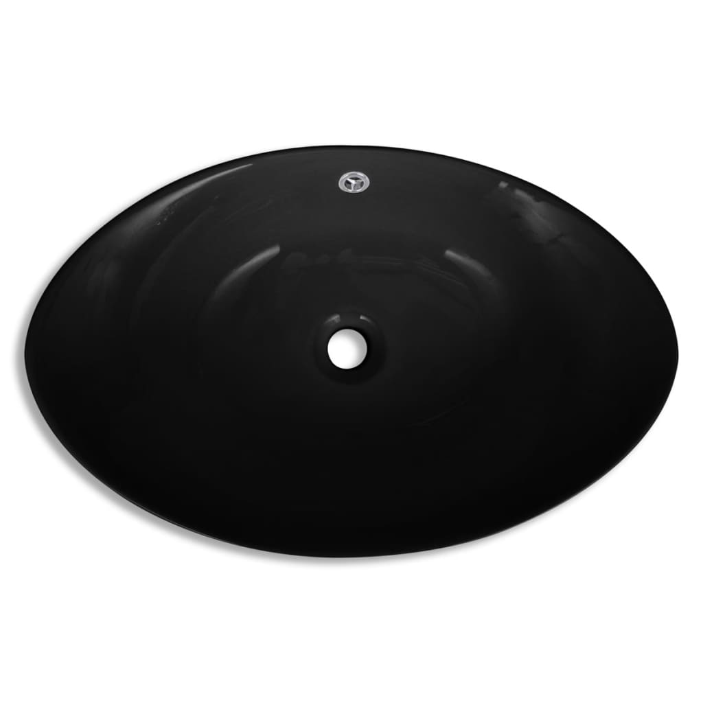 Lavello Ovale in Ceramica di Lusso Nero Troppopieno 59x38,5 cm