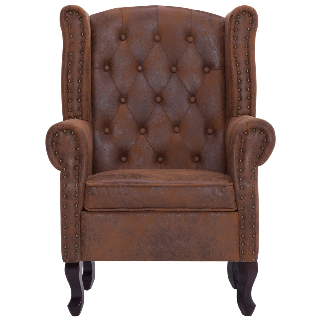 Poltrona Chesterfield Poggiapiedi Marrone Ecopelle Scamosciata