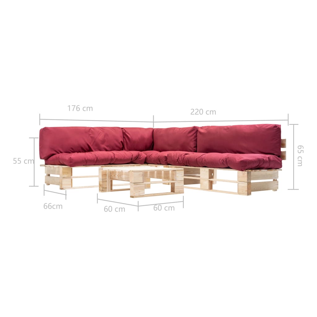 Set Divani da Giardino Pallet 4 pz con Cuscini Rossi in Legno