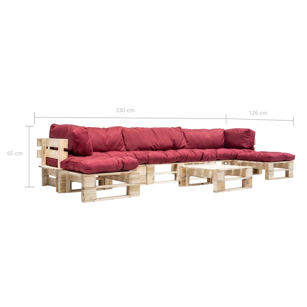 Set Divani da Giardino Pallet 6 pz con Cuscini Rossi in Legno