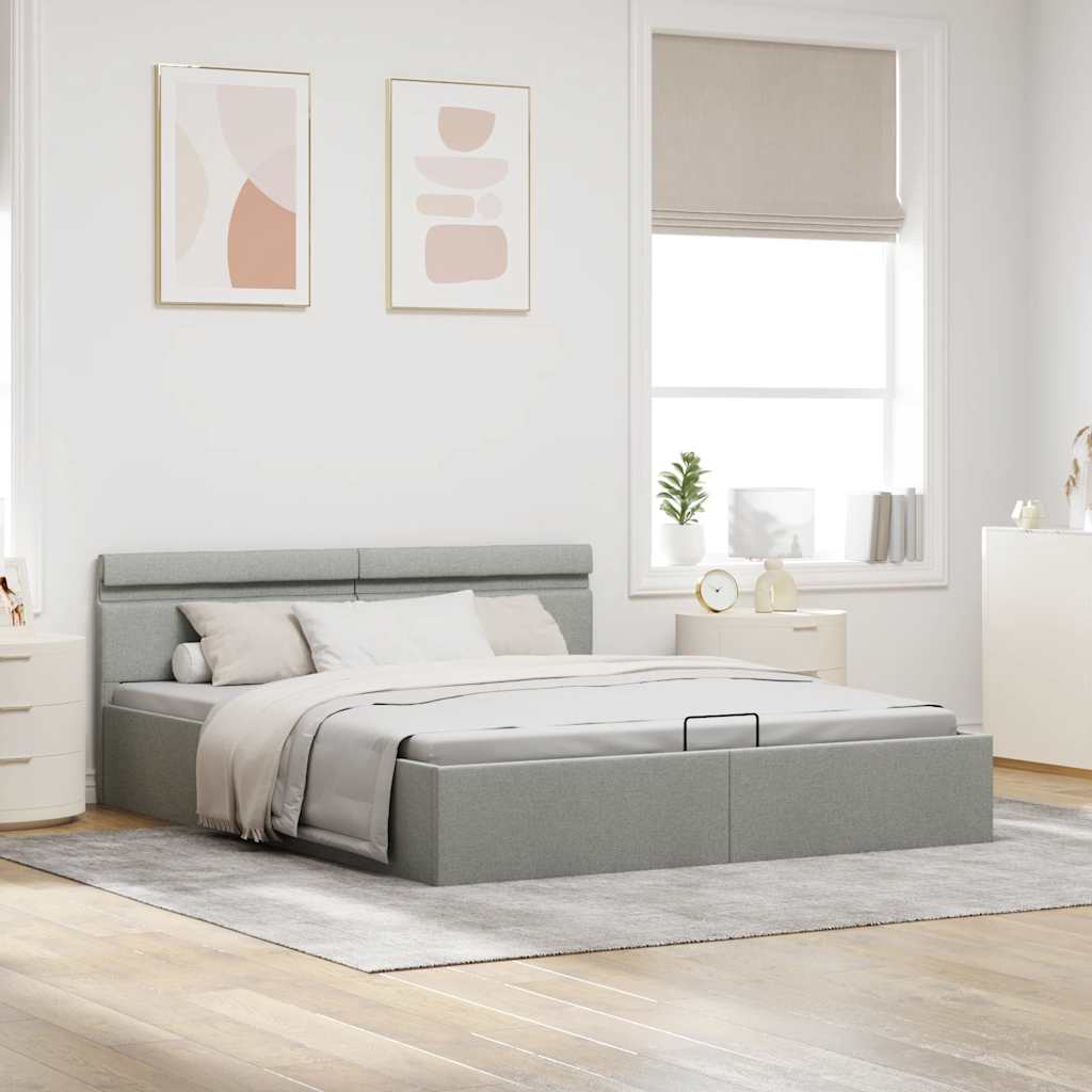 Giroletto con Contenitore e LED Grigio Chiaro Tessuto 160x200cm