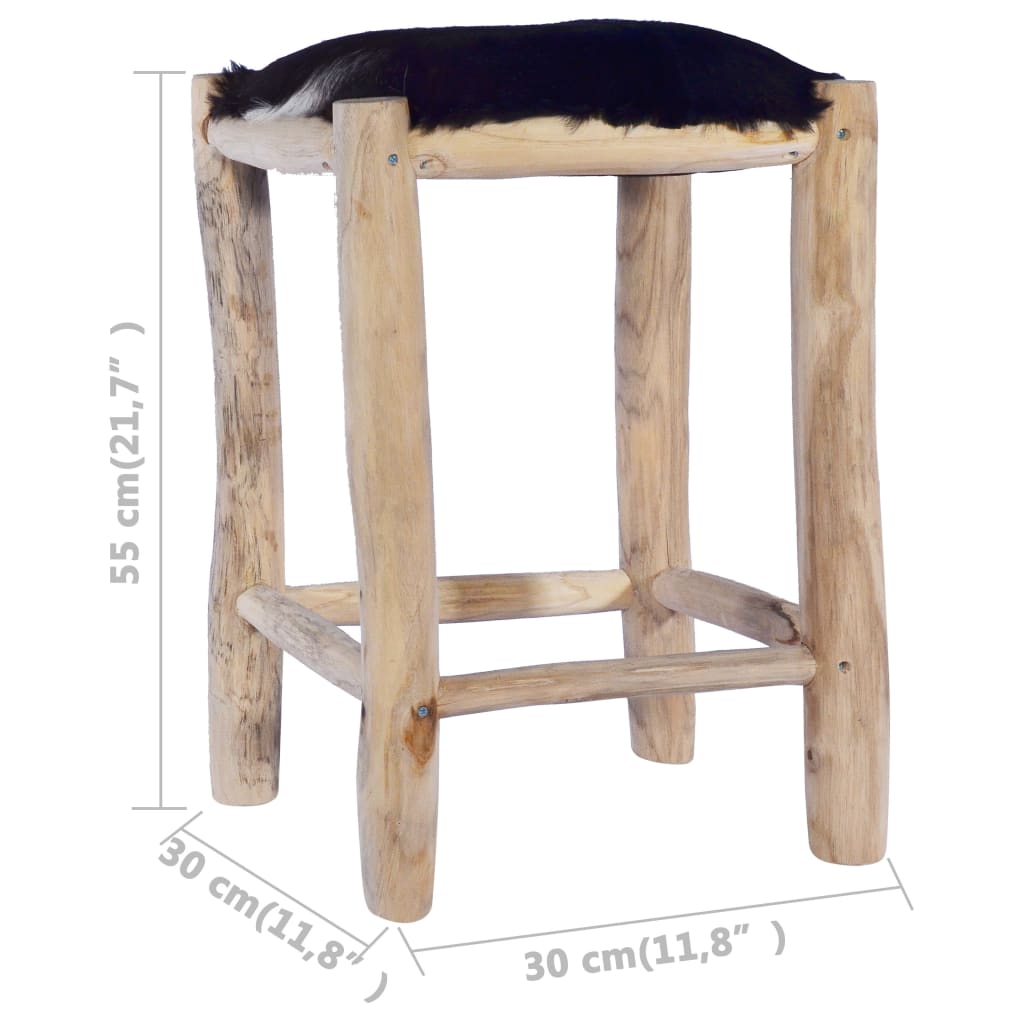 Sgabello da Bar in Vera Pelle di Capra e Legno Massello di Teak