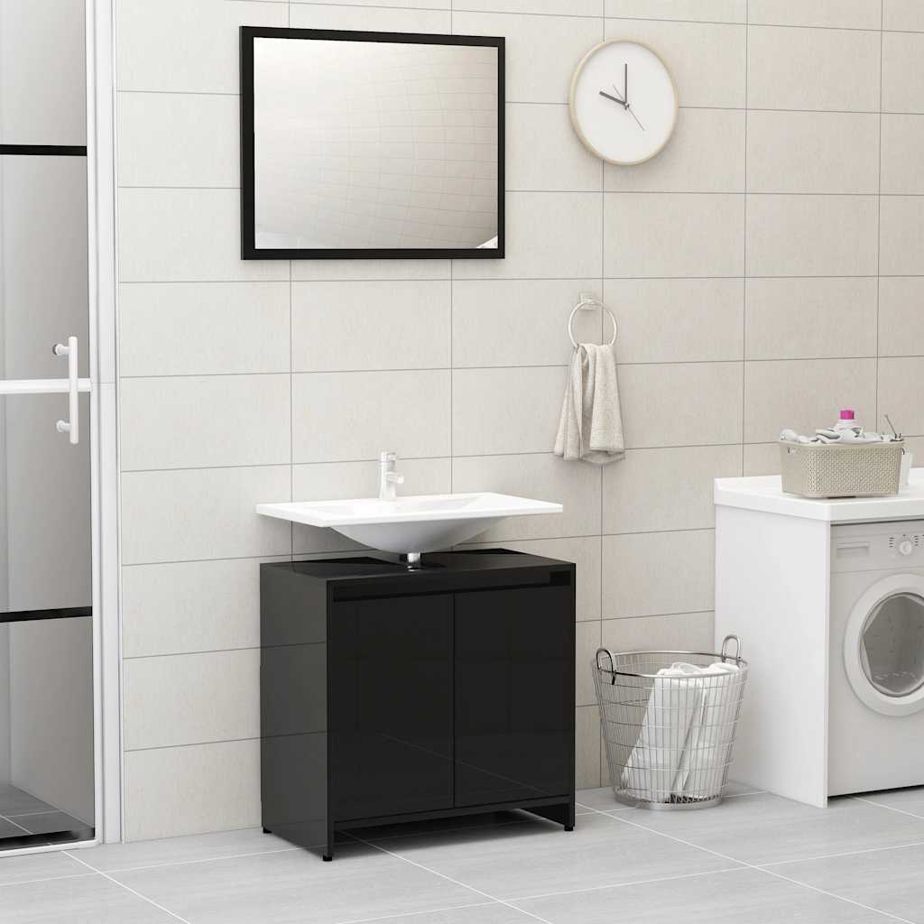 Set Mobili da Bagno Nero Lucido in Legno Multistrato