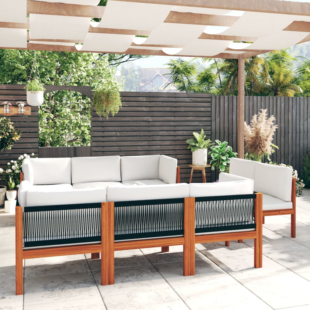 Set da giardino 9 pezzi con cuscini in legno crema, acacia e corda