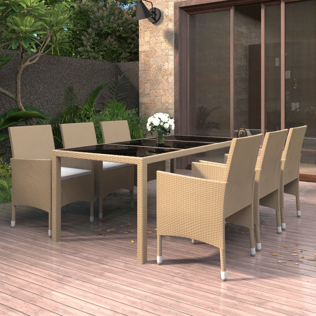 Set da Pranzo Giardino 7 pz Polyrattan e Vetro Temperato Beige