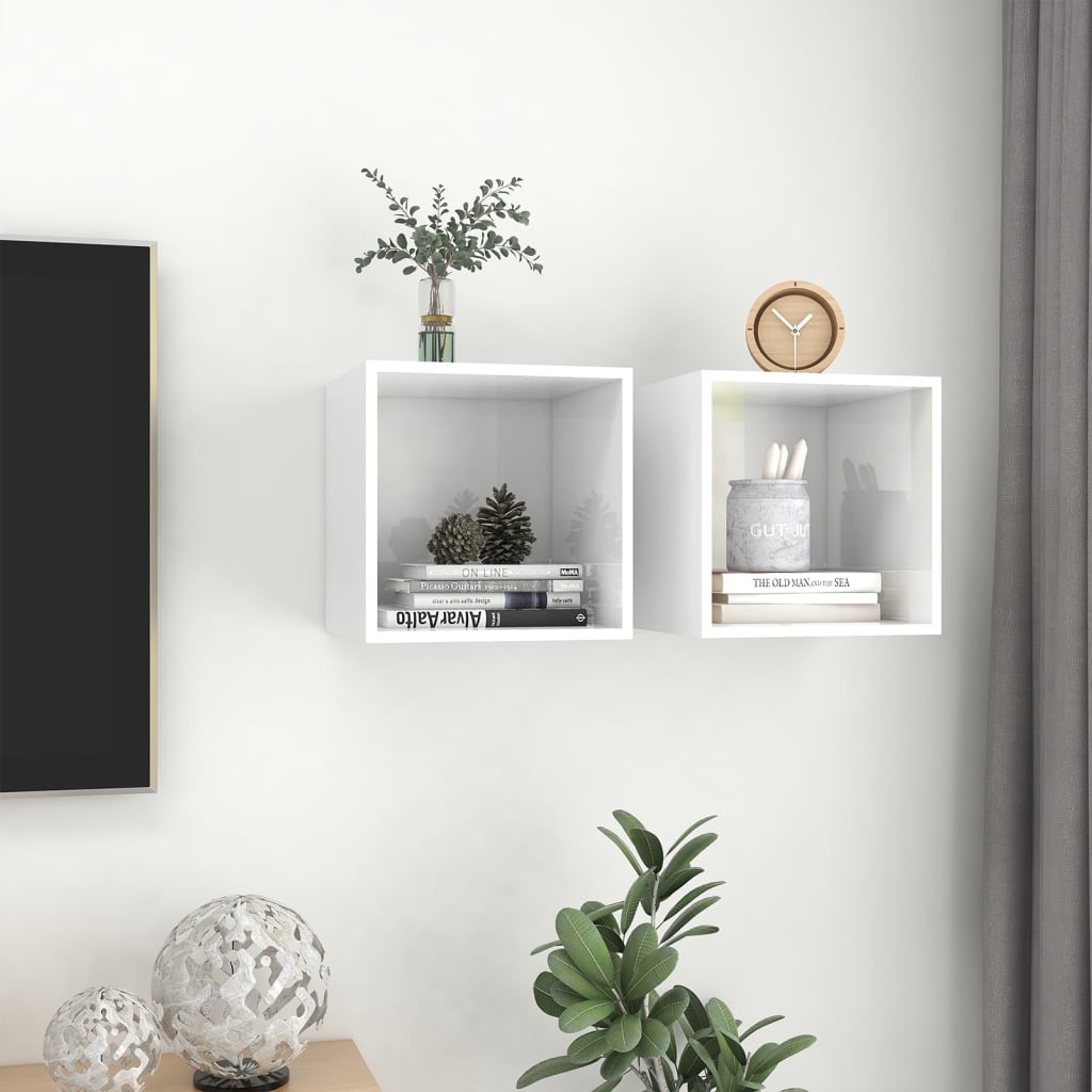 Mobili a Muro 2pz Bianco Lucido 37x37x37 cm Legno Multistrato