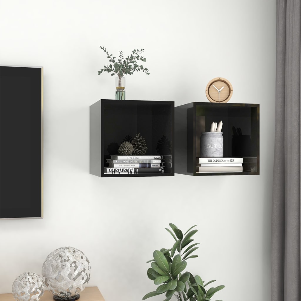 Mobili a Muro 2pz Nero Lucido 37x37x37 cm Legno Multistrato
