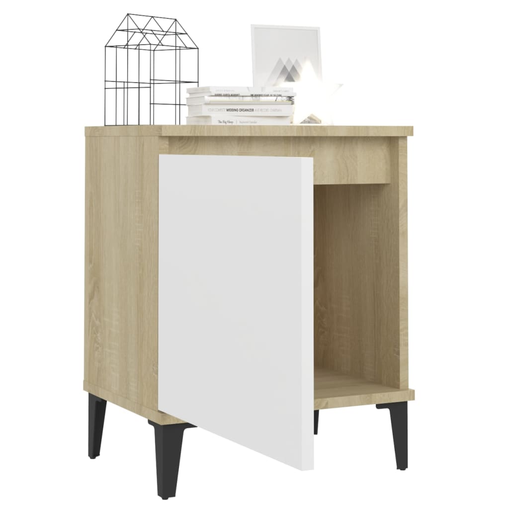 Comodino con Gambe in Metallo Rovere Sonoma e Bianco 40x30x50cm
