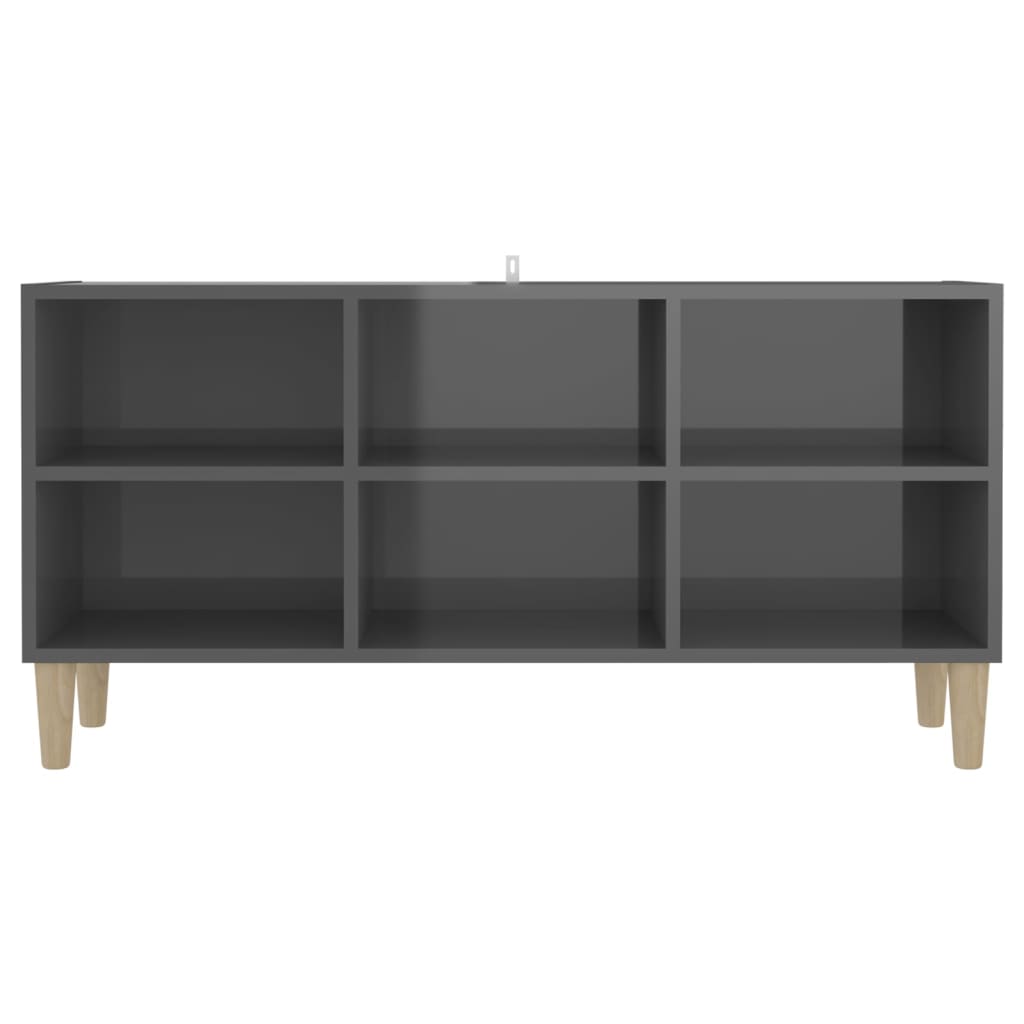Mobile TV con Gambe Legno Massello Grigio Lucido 103,5x30x50 cm
