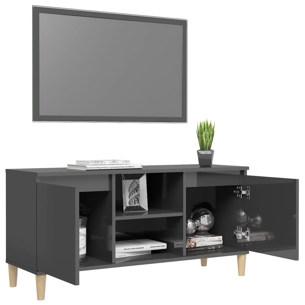 Mobile TV Gambe in Legno Massello Grigio Lucido 103,5x30x50 cm