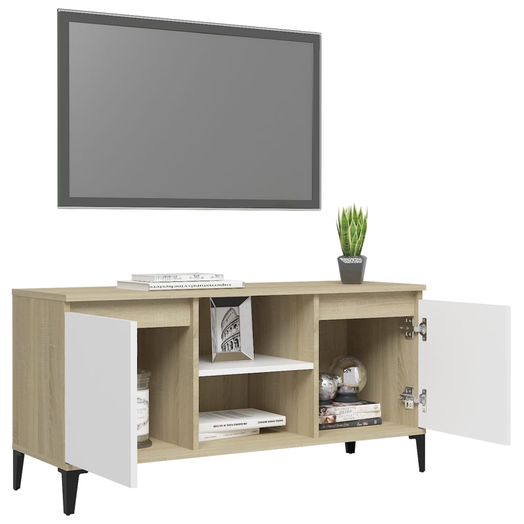 Mobile TV con Gambe in Metallo Bianco e Sonoma 103,5x35x50 cm