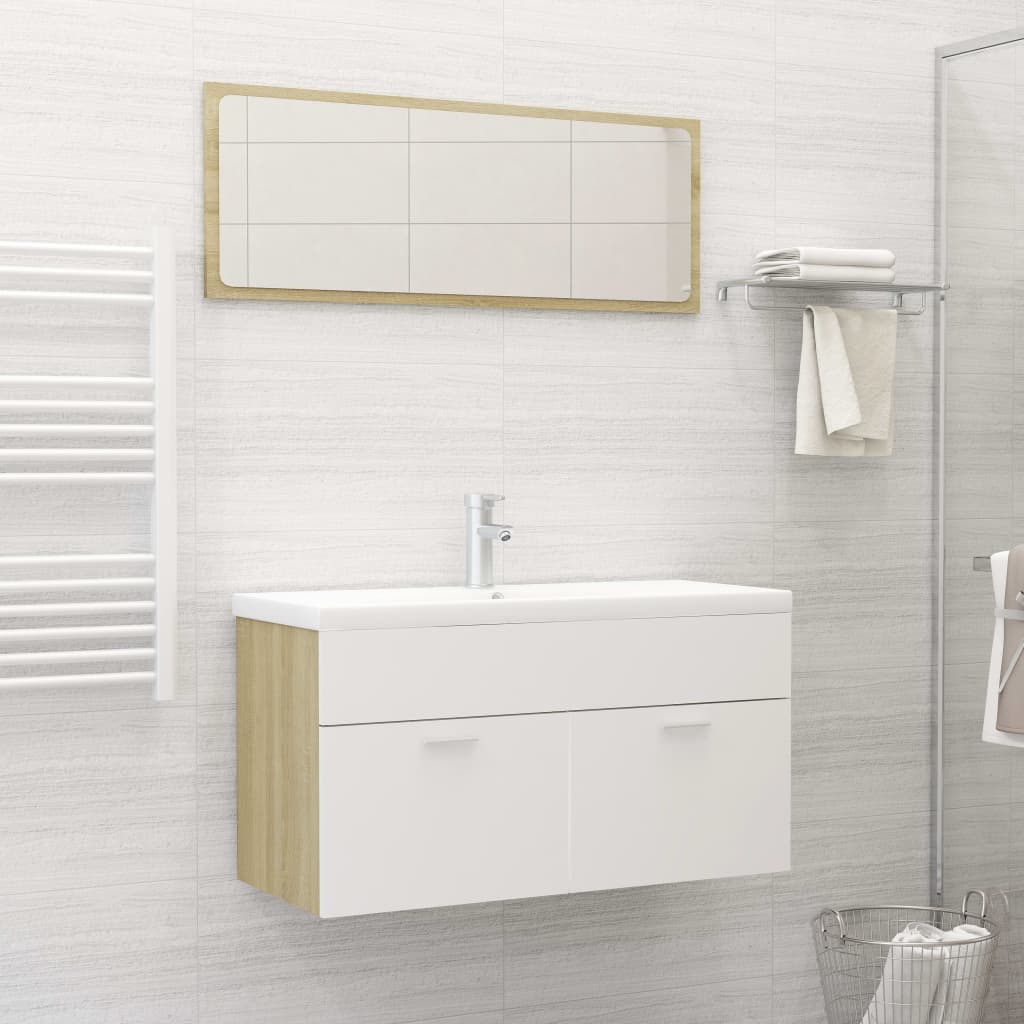 Set Mobili da Bagno Bianco e Rovere Sonoma in Truciolato