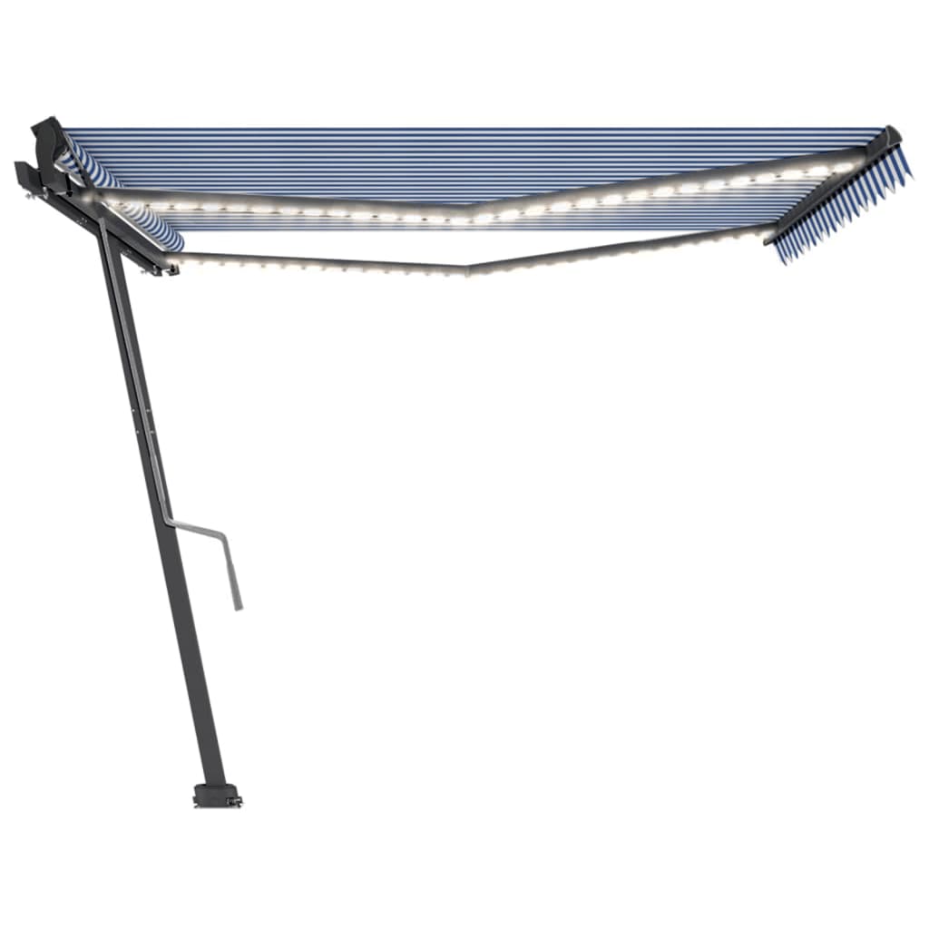 Tenda da Sole Retrattile Manuale con LED 450x350 cm Blu Bianco
