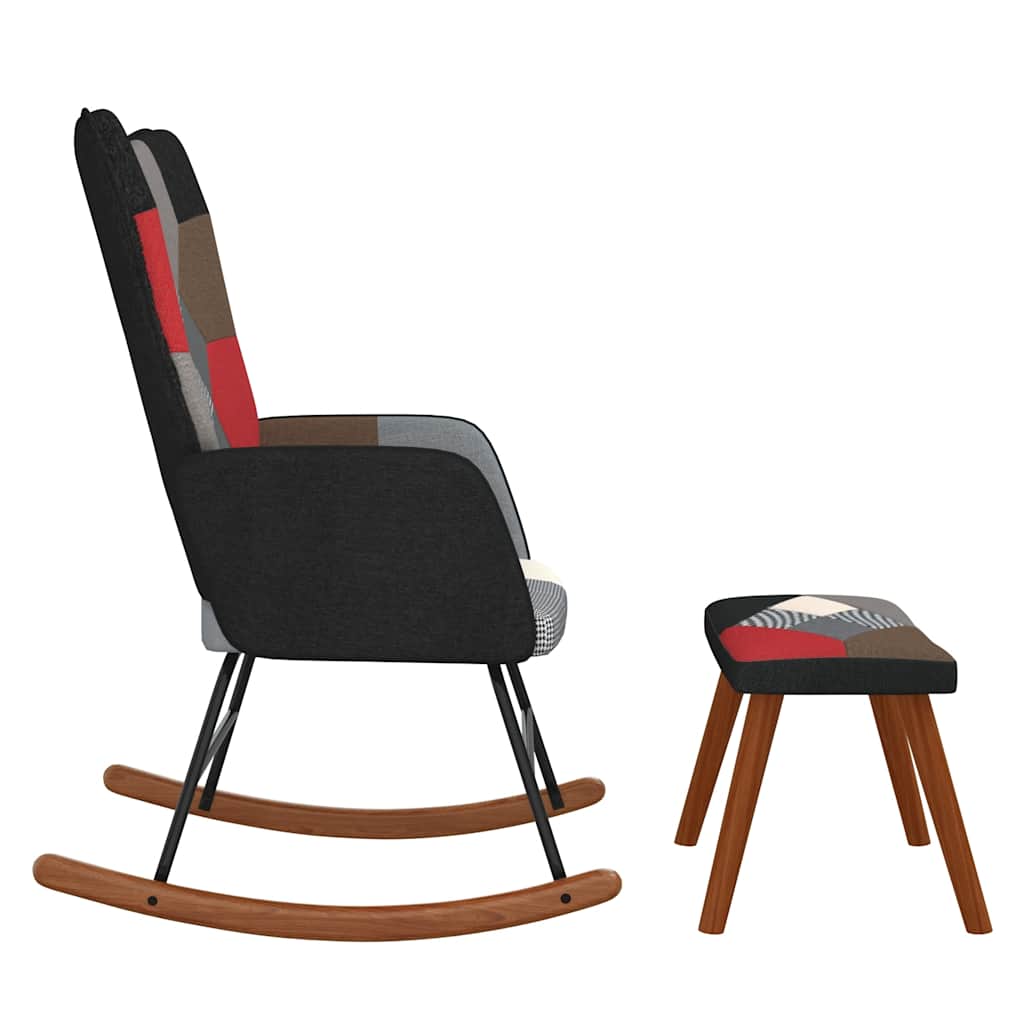 Sedia a Dondolo con Poggiapiedi in Tessuto Patchwork