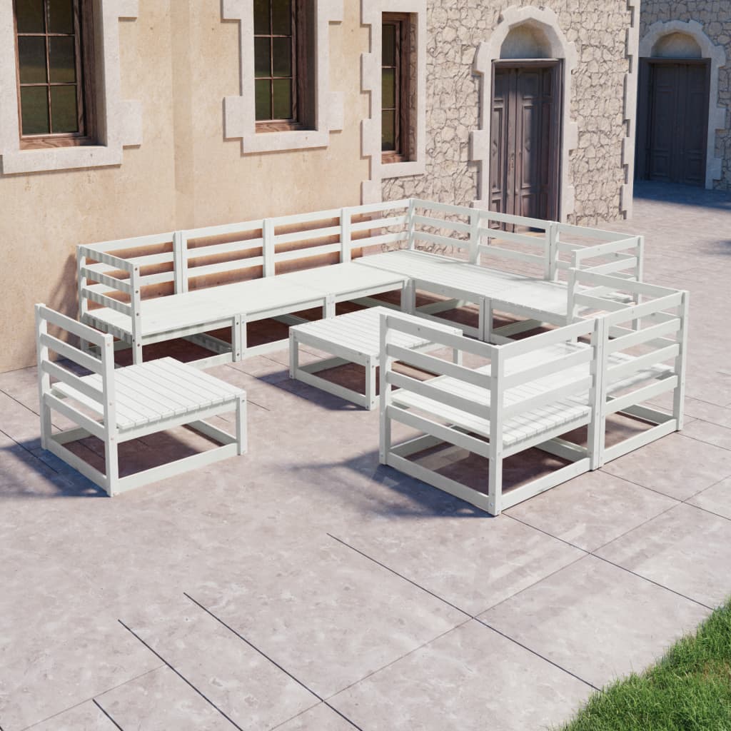 Set Divani da Giardino 10 pz Bianchi in Legno Massello di Pino