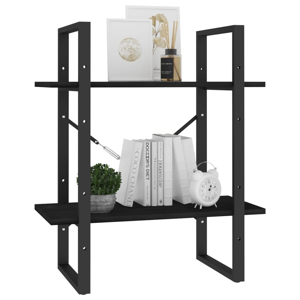 Libreria a 2 Ripiani Nera 60x30x70 cm in Massello di Pino