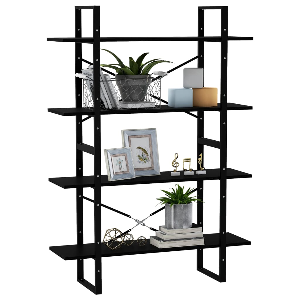 Libreria a 4 Ripiani Nera 100x30x140 cm in Massello di Pino