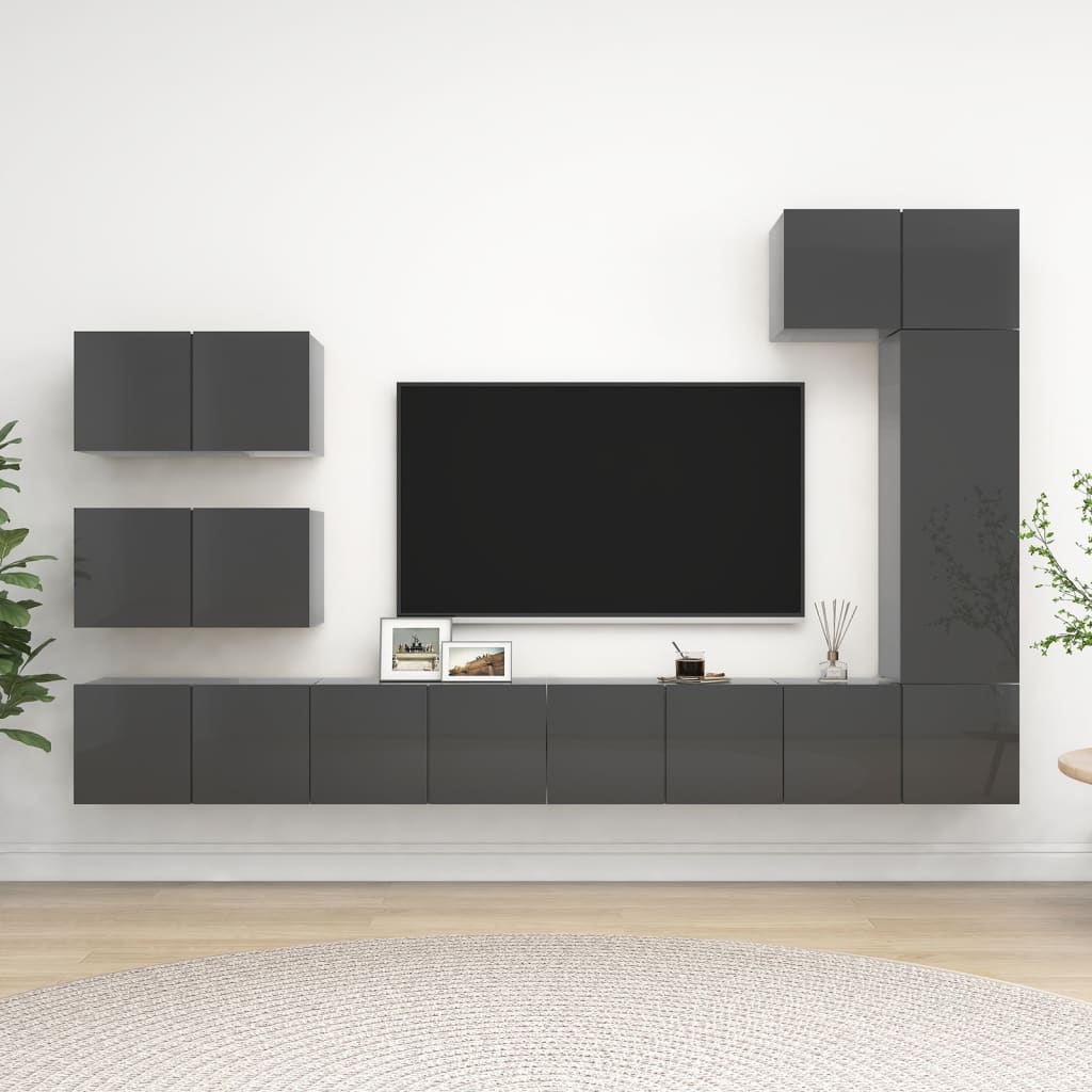 Set Mobili TV 8 pz Grigio Lucido in Legno Multistrato