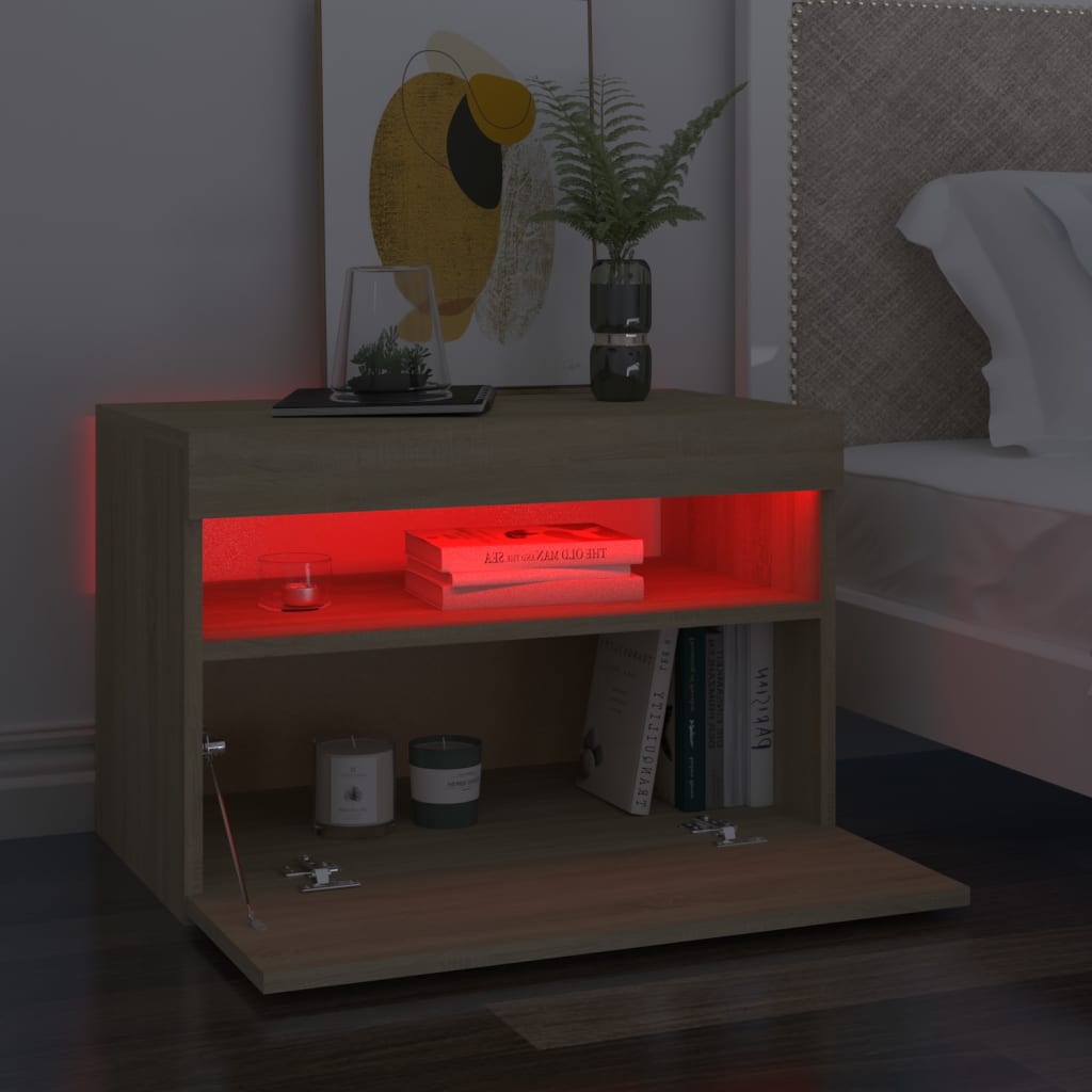 Comodino con Luci LED Sonoma 60x35x40 cm in Legno Multistrato