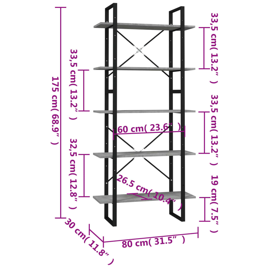 Libreria a 5 Ripiani Grigio Cemento 80x30x175 cm in Multistrato