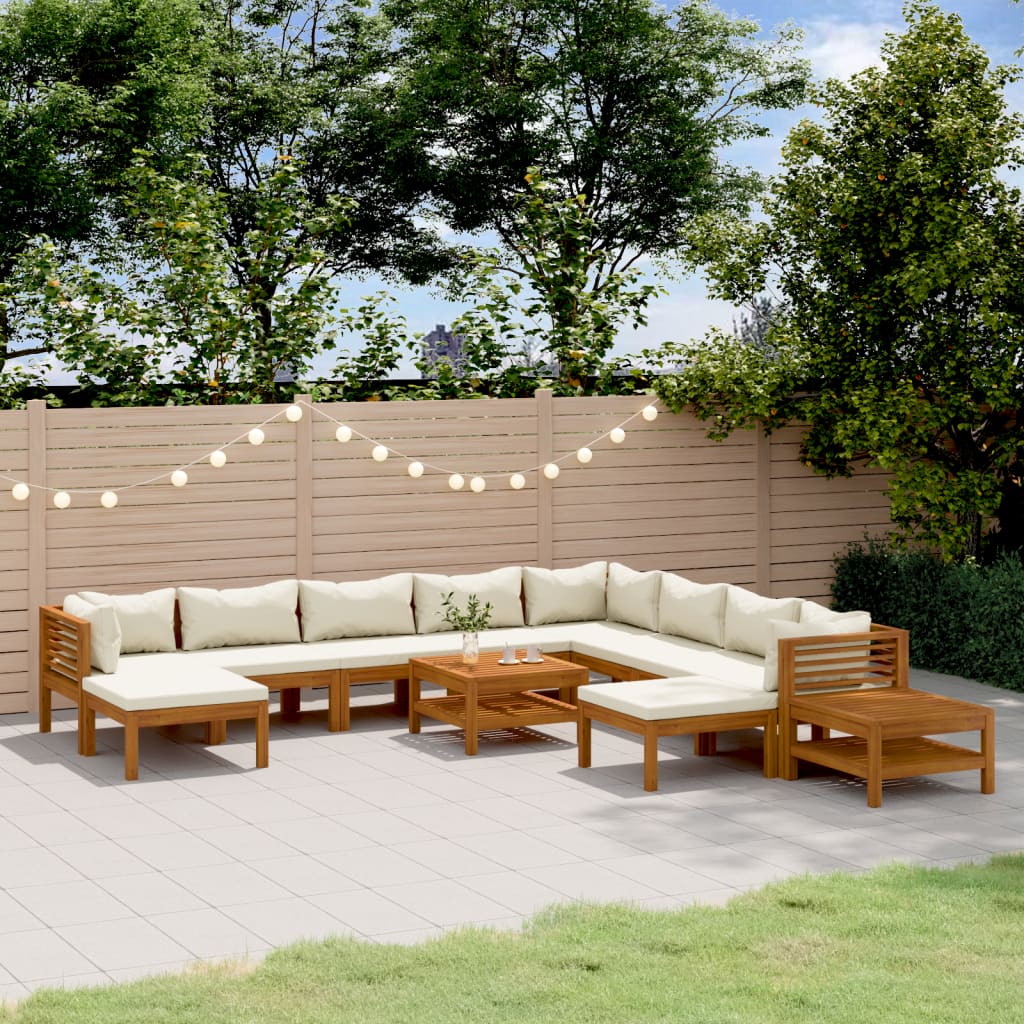 Set Divani da Giardino 12 pz con Cuscini Crema in Legno Acacia