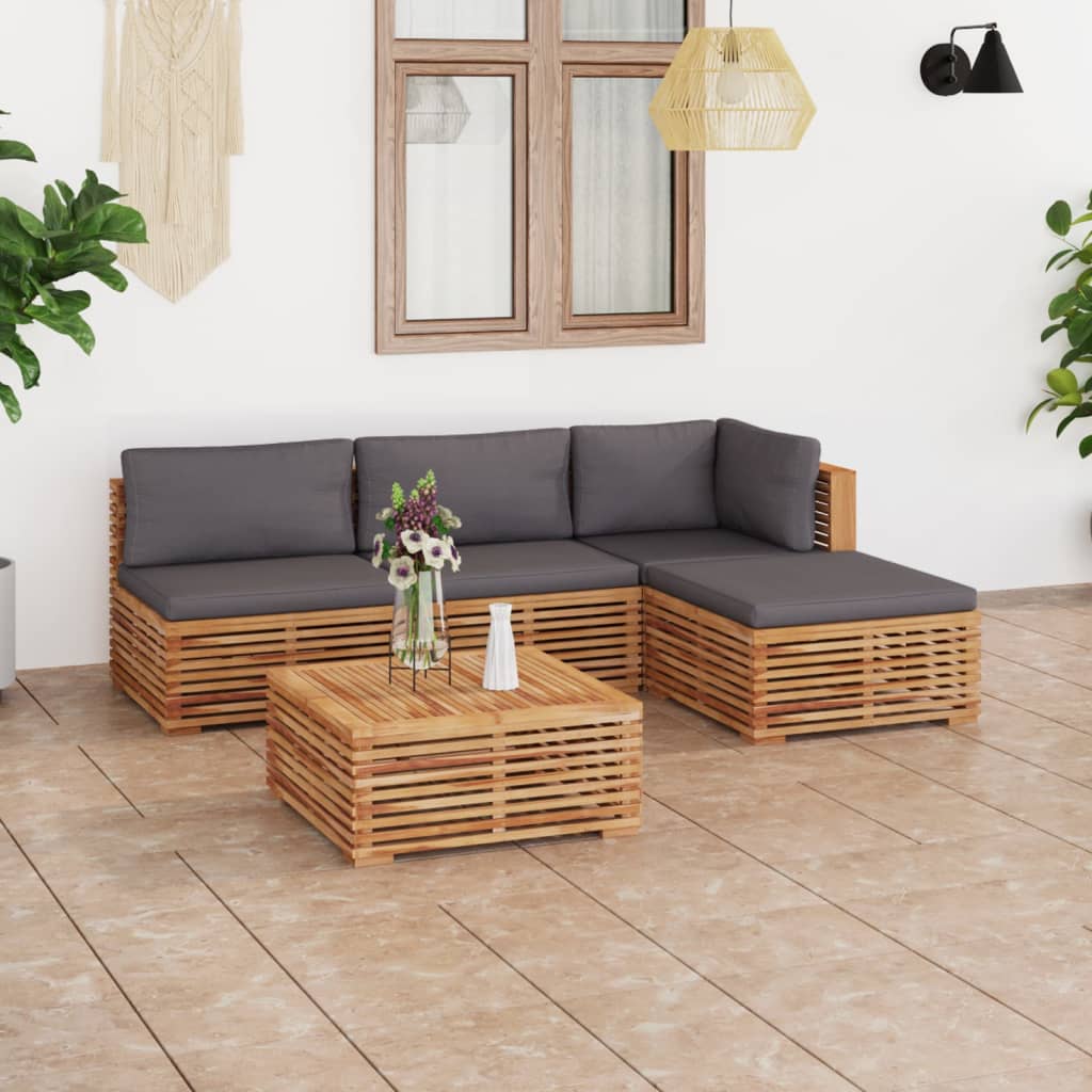 Set Divani da Giardino 5 pz Cuscini Grigio Scuro Legno di Teak