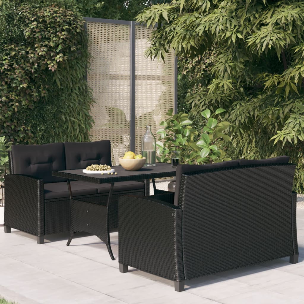 Set da Pranzo da Giardino 3 pz con Cuscini Nero in Polyrattan