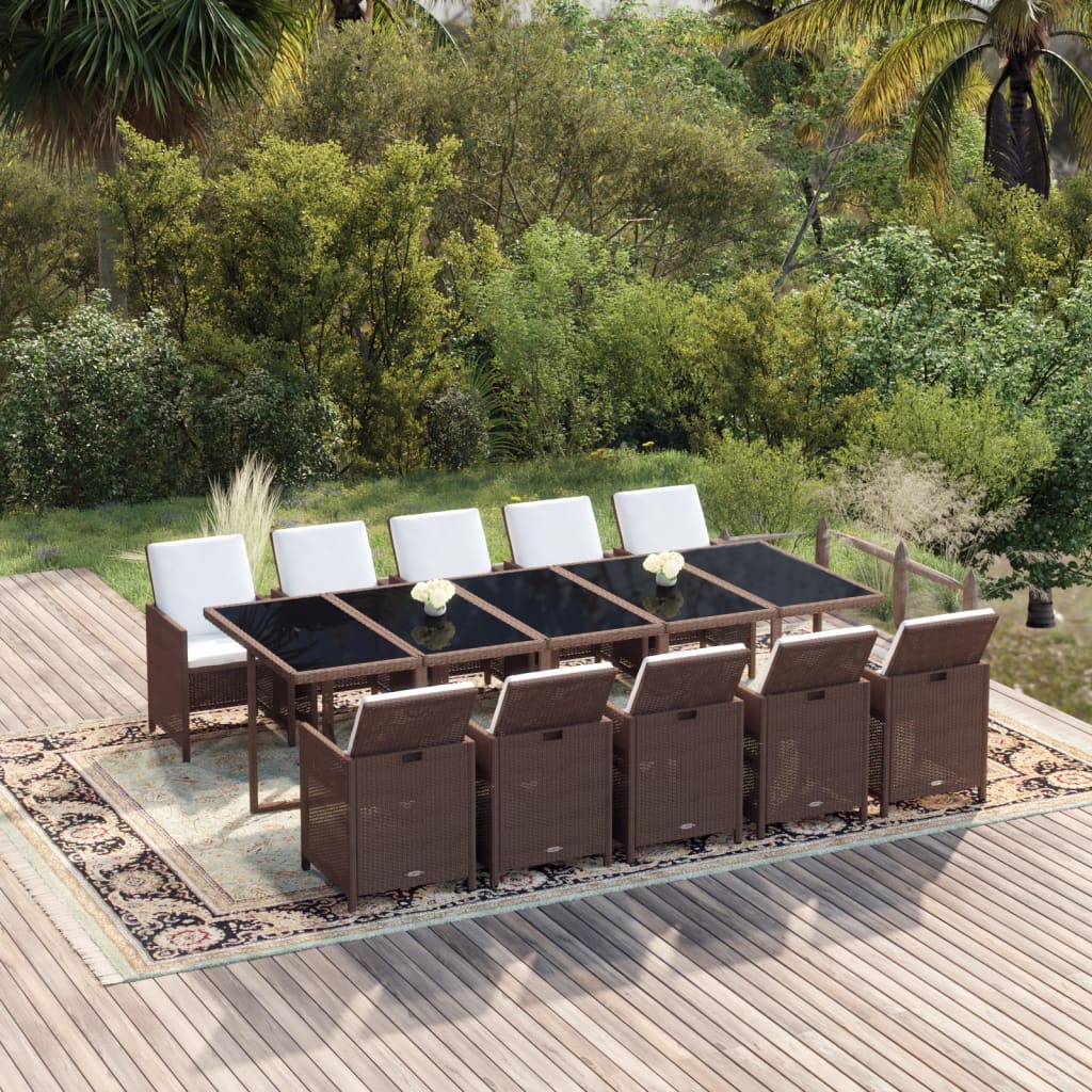 Set da Pranzo da Giardino 11 pz con Cuscini Polyrattan Marrone