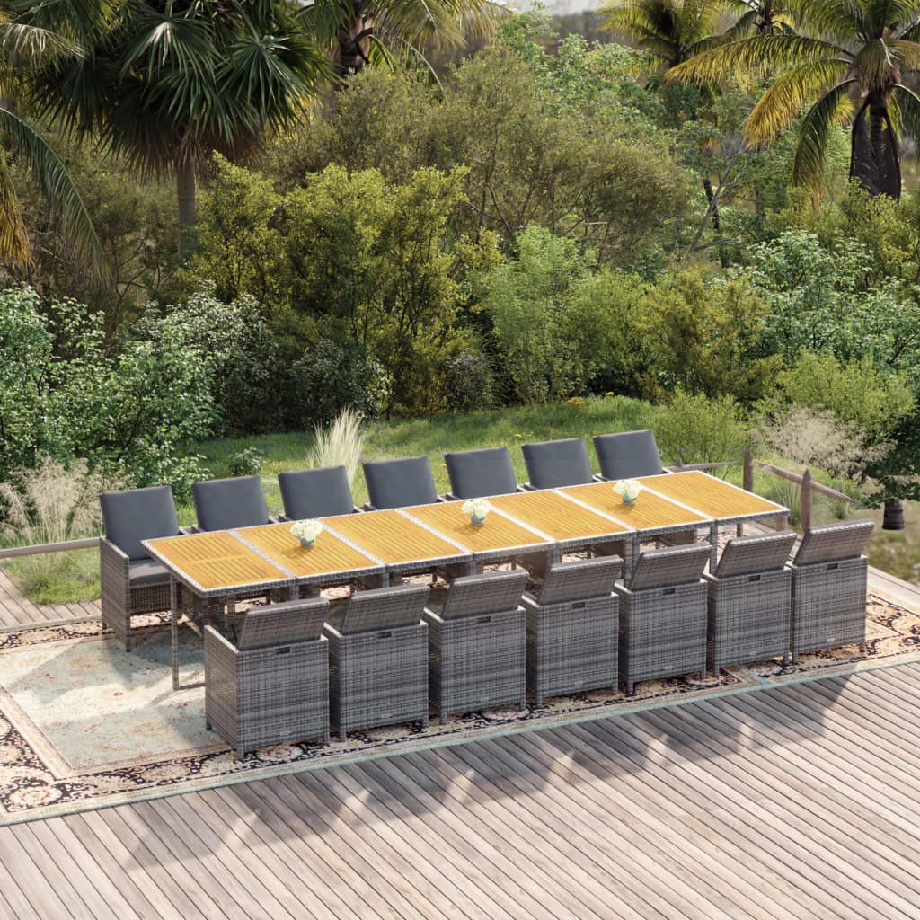 Set da Pranzo da Giardino 15 pz con Cuscini Grigio Polyrattan