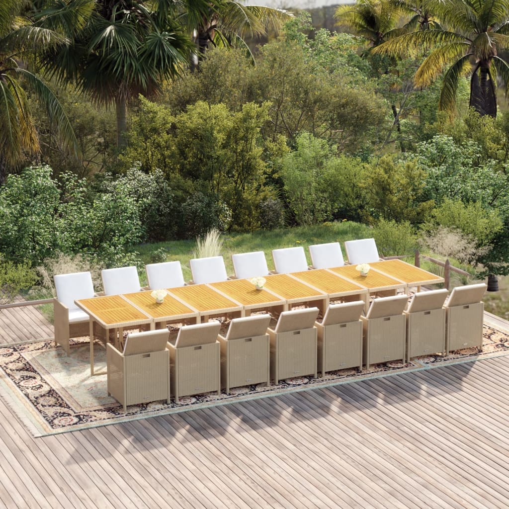 Set da Pranzo da Giardino 17 pz con Cuscini Beige in Polyrattan