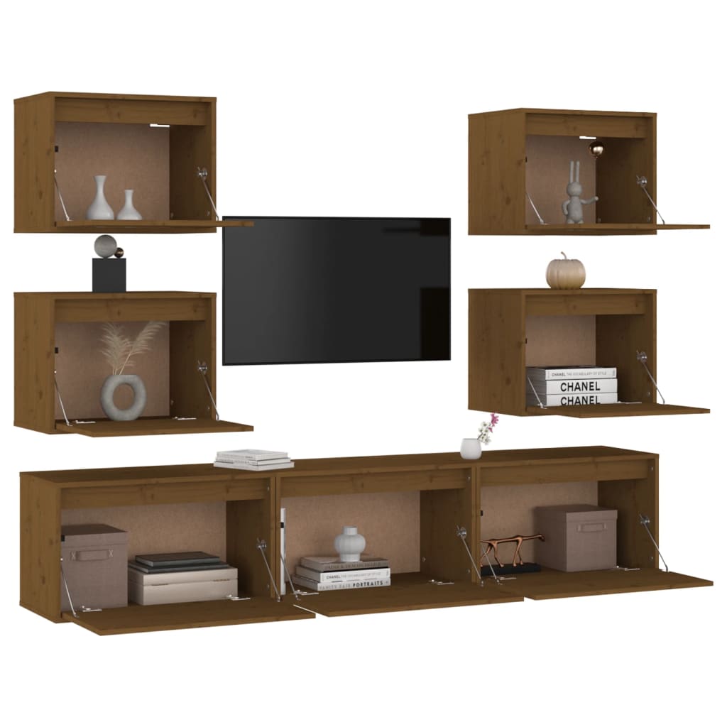 Mobili Porta TV 7 pz ambra in Legno Massello di Pino