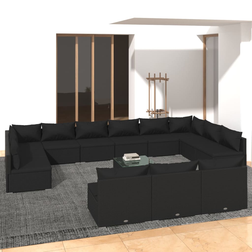 Set Divani da Giardino 14 pz con Cuscini in Polyrattan Nero
