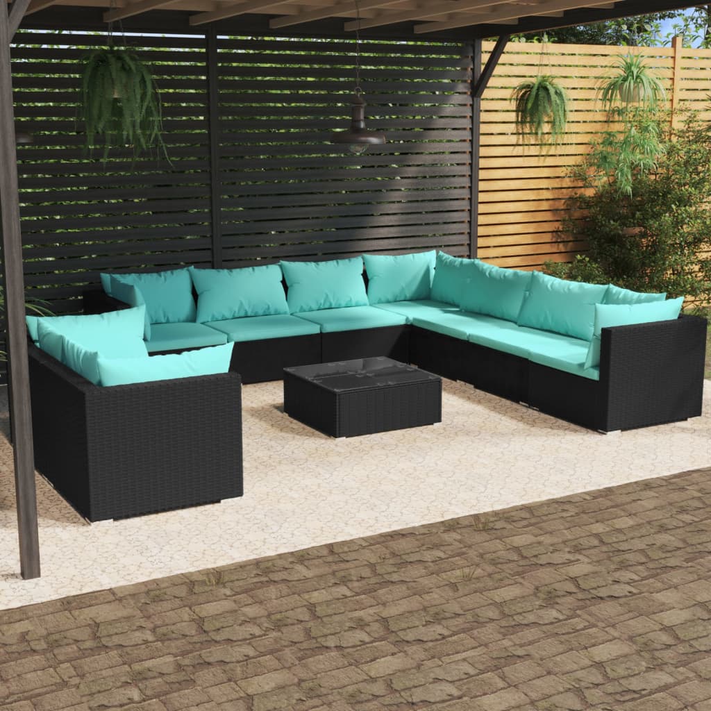 Set Salotto da Giardino 10pz con Cuscini in Polyrattan Nero