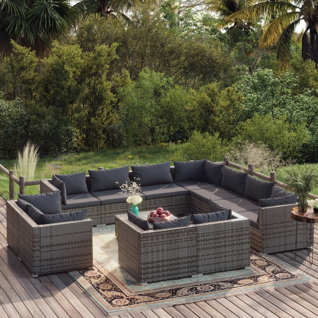 Set Divani da Giardino 12 pz con Cuscini in Polyrattan Grigio