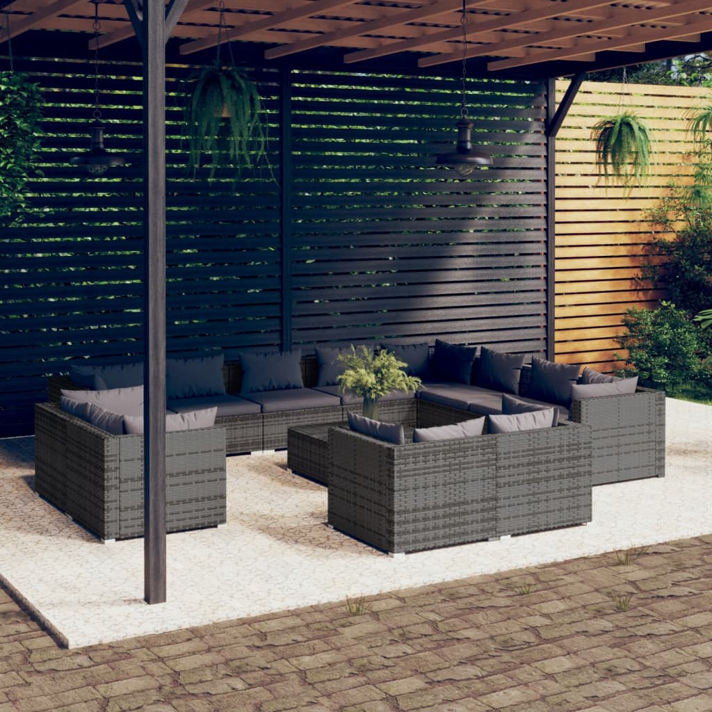 Set Divani da Giardino 13 pz con Cuscini in Polyrattan Grigio