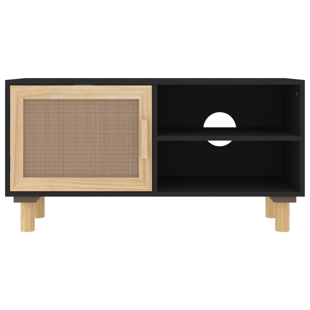 Mobile TV Nero 80x30x40 cm Massello Pino e Rattan Naturale