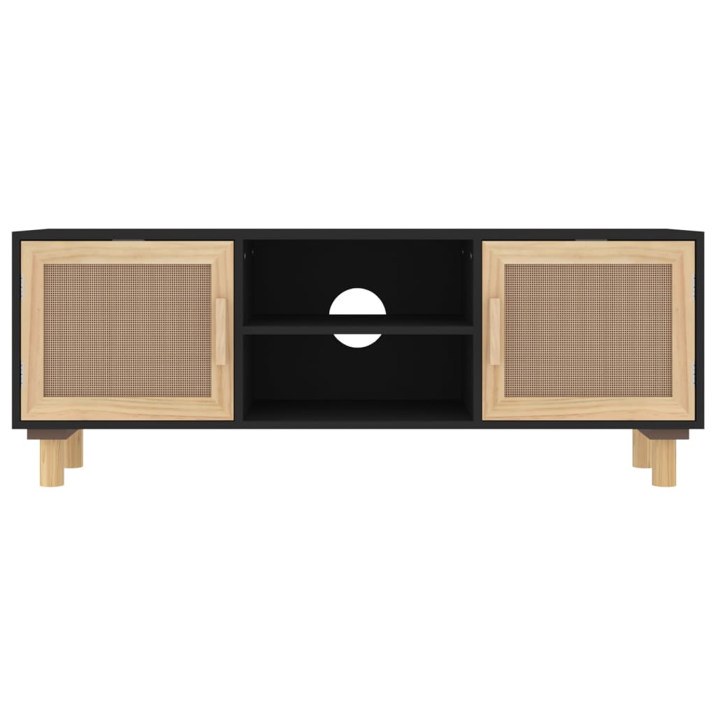 Mobile TV Nero 105x30x40 cm Massello Pino e Rattan Naturale