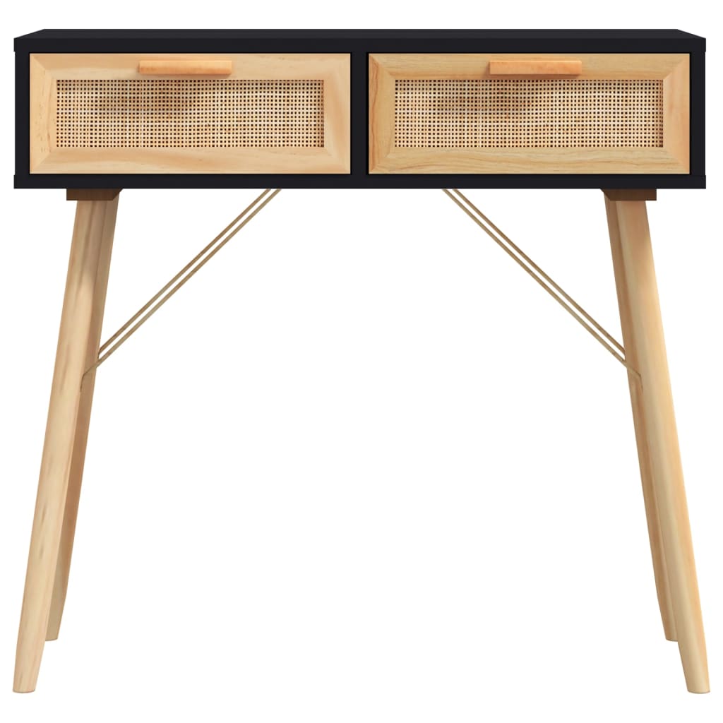 Tavolo Consolle Nero 80x30x75cm Massello Pino e Rattan Naturale