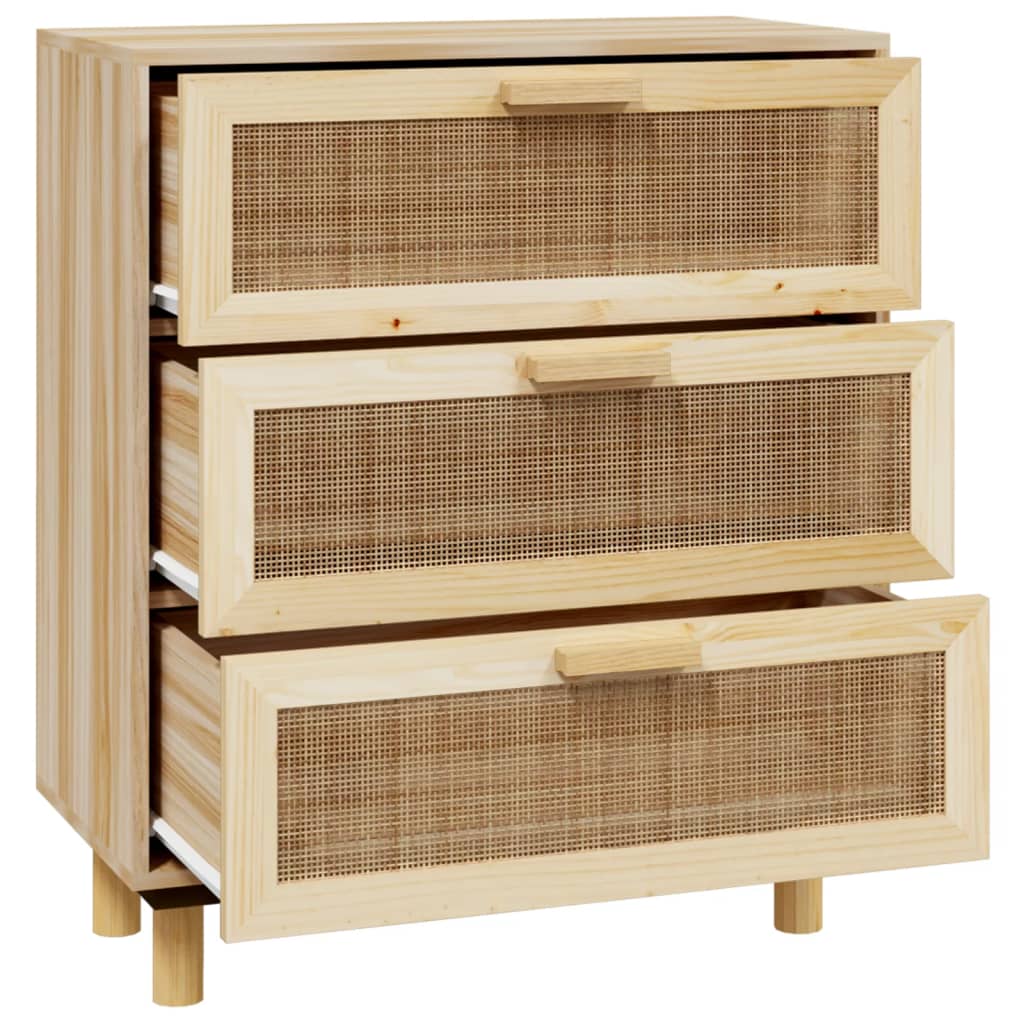Credenza Marrone 60x30x70cm Legno Massello Pino Rattan Naturale
