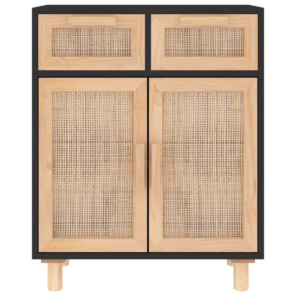 Credenza Nera 60x30x75 cm Legno Massello Pino e Rattan Naturale