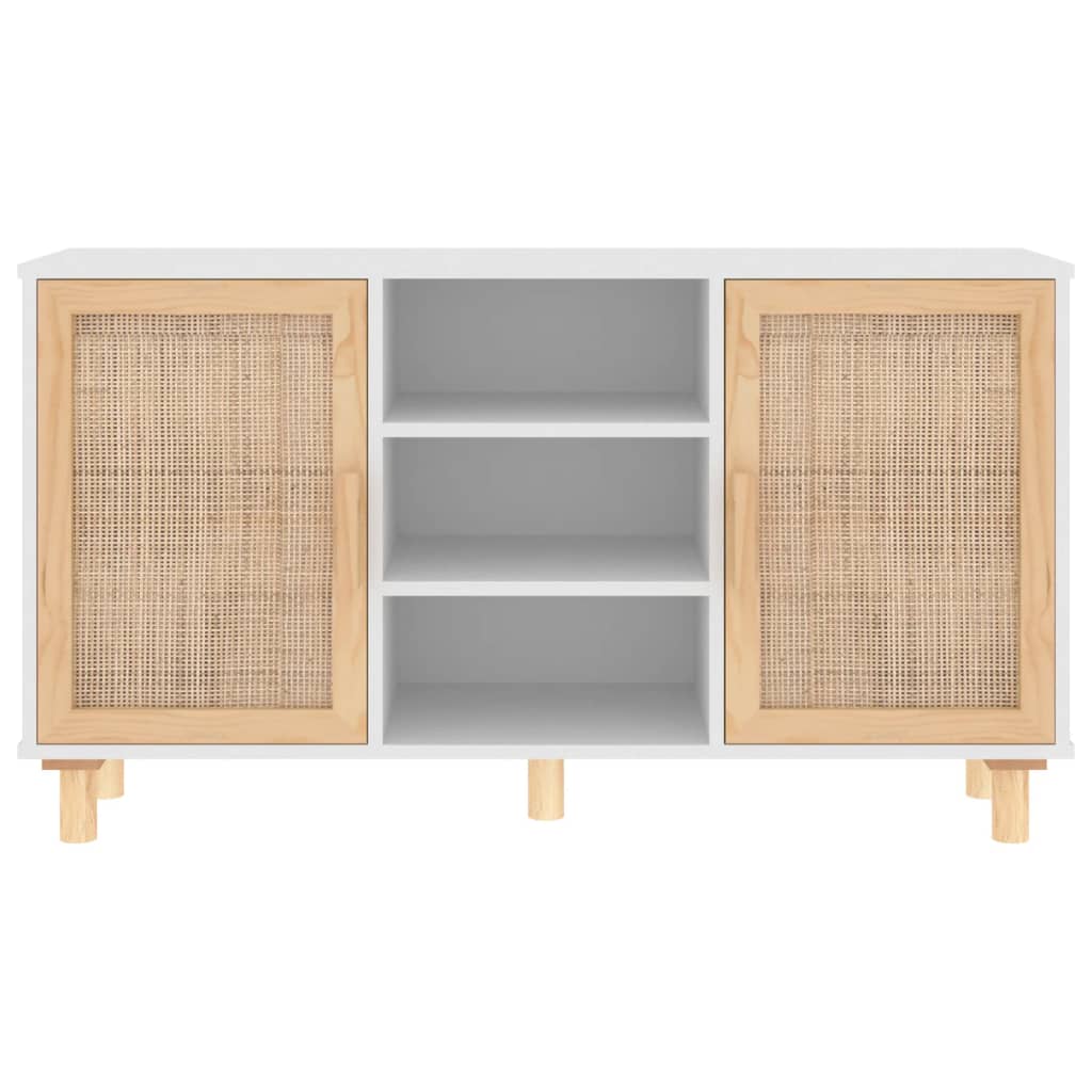 Credenza Bianca 105x30x60cm Legno Massello Pino Rattan Naturale